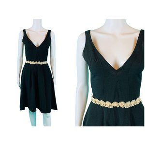 Vintage 50s Party Dress Women's XXS Black V-neck Cream Floral Trim Cocktail